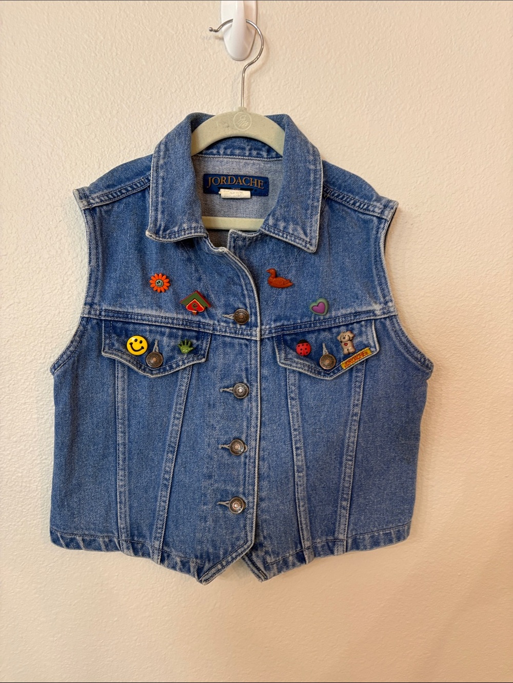 Vintage 80s 90s Jordache Denim Vest Size L Novelty Pins Outerwear
